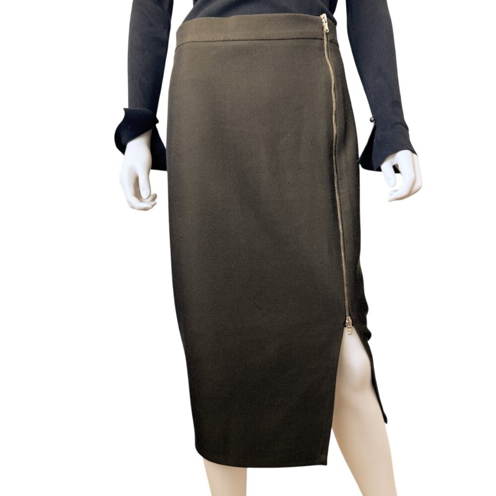 Zara Olive Green Zip Midi Skirt High Waist Slit Minimalist Size M